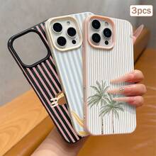 3件組條紋印花皮革紋理 TPU 防震全包覆手機保護殼，適用於 Apple 11/12/13/14/15/16/17 Pro Max - 古董白色+黑色+粉紅色 - 查看 5