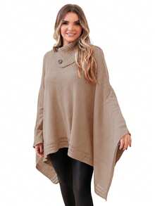 GIP Women's Mousse Knit Poncho, Solid Color, High Neck With Button, Winter Wool Coat - 卡其色 - 查看 1