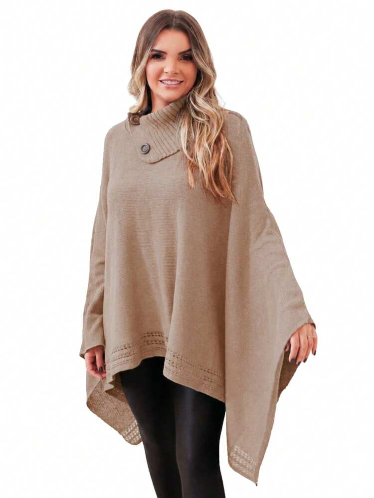 GIP Women's Mousse Knit Poncho, Solid Color, High Neck With Button, Winter Wool Coat - Khaki - View 1