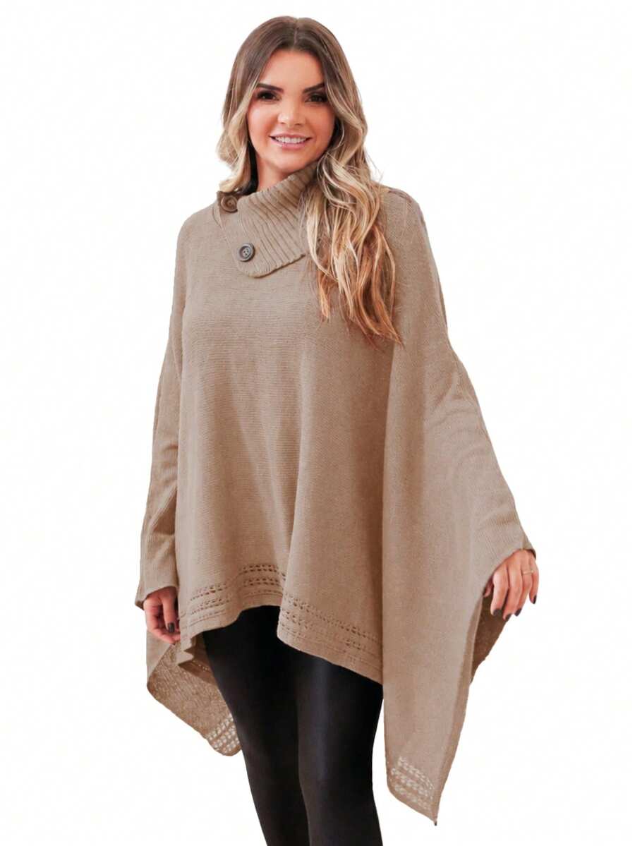 GIP Women's Mousse Knit Poncho, Solid Color, High Neck With Button, Winter Wool Coat - 卡其色 - 查看 1