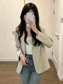 Blazer Kasual Gaya Korea Wanita, Elegan, Serbaguna, Lengan Panjang dengan Saku, Musim Gugur - Aprikot - View 1