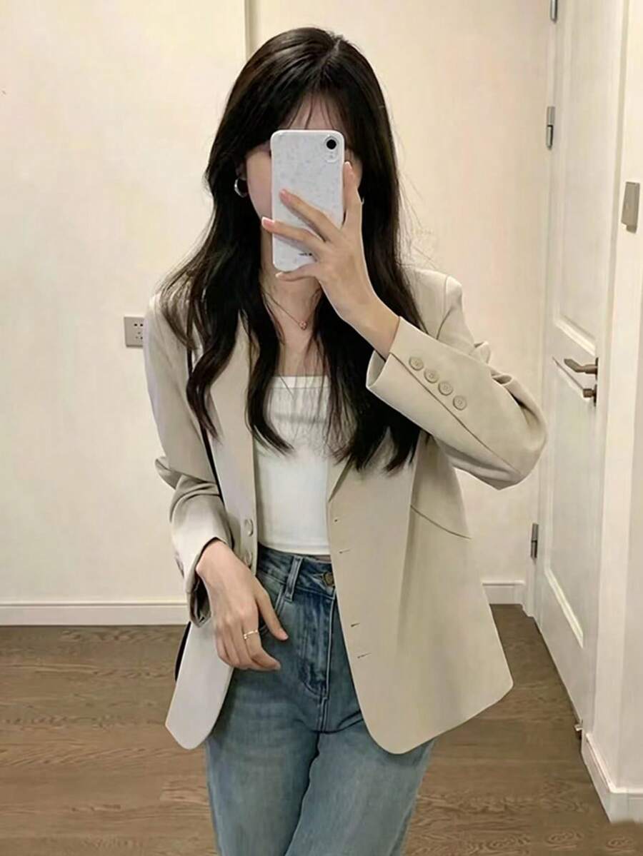 Blazer Kasual Gaya Korea Wanita, Elegan, Serbaguna, Lengan Panjang dengan Saku, Musim Gugur - Aprikot - View 1