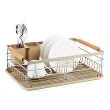 Dish Drying Rack With Drain Tray & Cutlery Holder | Metal Kitchen Dish Rack With Wooden Handles | Black / White / Grey / Beige - View 2