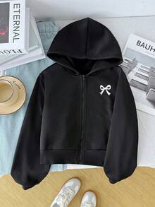1pc Girls New Bowknot Embroidered Zipper Sweatshirt Jacket, Simple & Elegant Young Girl Hooded Sweatshirt - Black - View 1