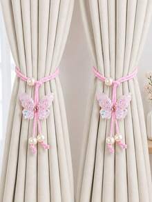 2pcs Pink Butterfly Curtain Tiebacks, Pearl Decorated, Adjustable Decorative Rope Curtain Clips, Suitable For Home Curtains, Bedroom, Nursery And Living Room Window Decoration - Multicolor - View 1