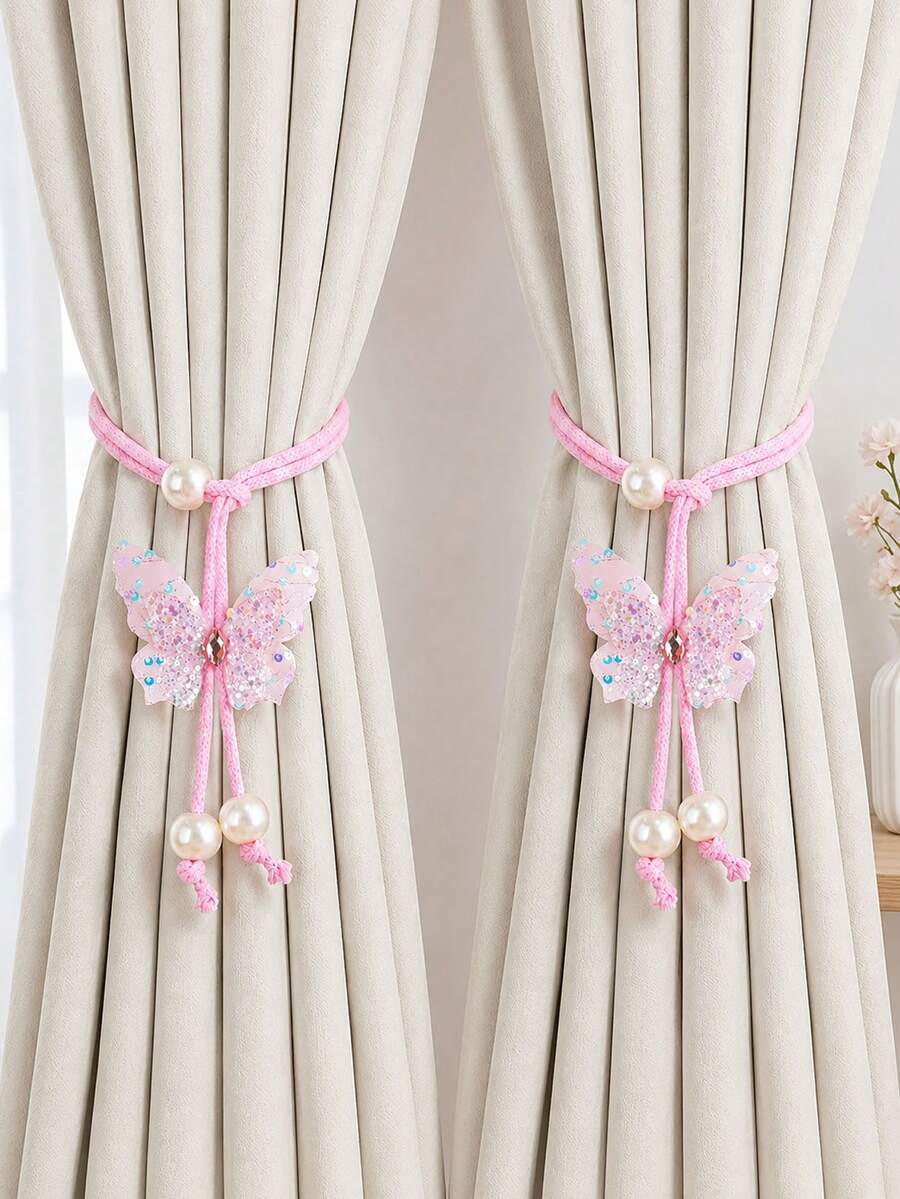 2pcs Pink Butterfly Curtain Tiebacks, Pearl Decorated, Adjustable Decorative Rope Curtain Clips, Suitable For Home Curtains, Bedroom, Nursery And Living Room Window Decoration - Multicolor - View 1