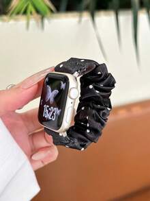 1pc Fashionable Elastic Polka Dot Fabric Watch Band, Compatible With Apple Watch 38/40/41/42/44/45/46/49mm Series 1-11, Women's Casual Gift Watch Strap - Black - View 3
