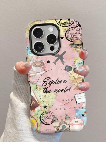 1pc 2-In-1 Glossy Travel Airplane Route Pattern Phone Case With Full Coverage Film, Suitable For IPhone 17 Pro, 16e, 16, 15, 14, 13, 12, 11, XR, And XS. High-End, Stylish, And Fun Design, Perfect As A Holiday Or Birthday Gift For Friends. Great For Shopping, Dates, Afternoon Tea, Picnics, Beach Vacations, Summer Trips, And Commuting. Versatile For Any Occasion.