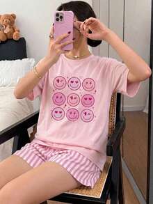 DAZY 2件套复古美式卡通印花条纹撞色休闲INS风女式睡衣套装 - 粉色 - 查看 5
