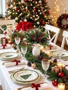 24pcs Christmas Artificial Pine Branches With Red Berry Stems, Faux Norfolk Pine Foliage Stems, DIY Wreath Home Decor, Artificial Winter Berry Plants, Suitable For Vases, Dining Tables, Holidays, Patios, Fireplaces, Weddings, Gardens, Farmhouse Style Room Decoration - Multicolor - View 6