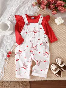 MYVLNA Conjunto de mono con estampado de cerezas para niñas, top acanalado con mangas con volantes, conjunto de 2 piezas - Rojo y blanco - Ver 2
