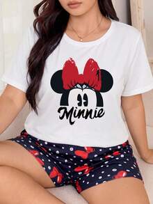 Disney 2pcs Plus Size Women's Pink Pajama Set, Mickey Minnie Mouse Print Top And Shorts, Casual Loungewear - Multicolor - View 3