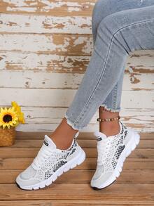 Women's Sports Shoes Fabric Front Lace-Up Striped Decor Mesh Breathable Soft Sole Athletic Shoes Suitable For Daily Commute And Casual Wear - White Black - View 6
