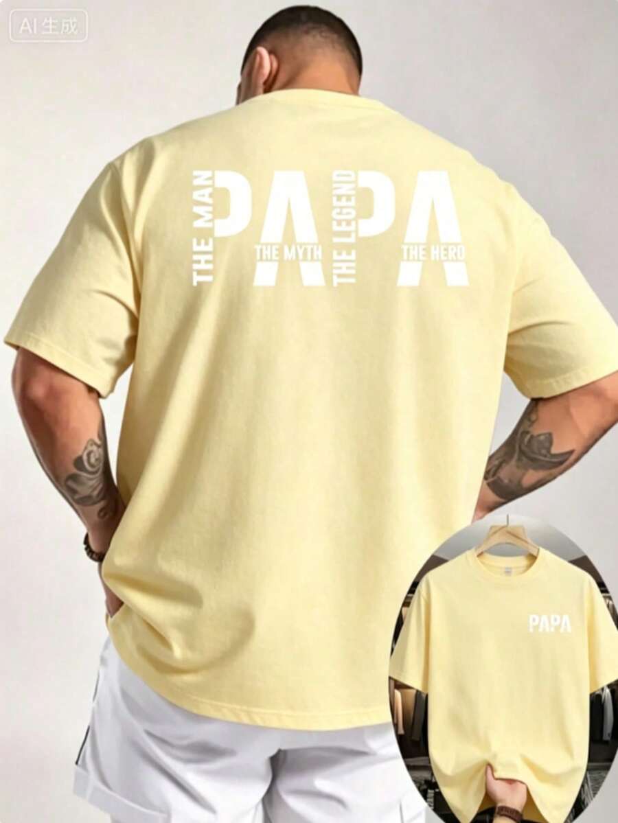 T-shirt da uomo a girocollo con stampa su entrambi i lati, maglietta con grafica "PAPA The Man The Myth", regalo per la Festa del Papà, top casual quotidiano per papà. - Giallo - Visualizzare 1