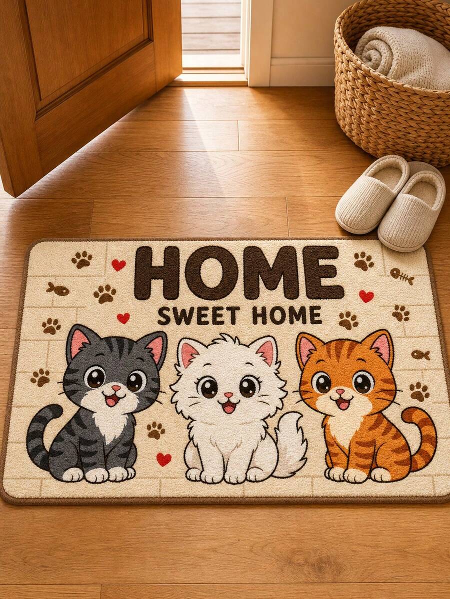 1 Peça Tapete de Entrada Fofo com Estampa de Gatinho de Desenho Animado HOME SWEET HOME 3 Gatos Adoráveis Tapete de Boas-Vindas Tapete de Área de Estimação Fofo Adequado para Porta da Frente Corredor Entrada Sala de Estar Quarto Decoração de Casa para Amantes de Gatos Mulheres Meninas Crianças Presente de Inauguração de Casa Tapete - Bege - Visão 1