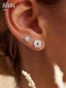 Hihho 1 par de pendientes de botón estilo delicado y suave con diseño de copo de nieve & flor, adecuados para el uso diario, citas y reuniones de mujeres - pendientes - Ver 4