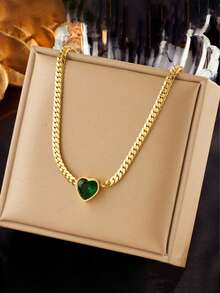 RAYQUEEN "Two Green Heart Zirconia Stainless Steel Necklace + Bracelet Set For Women - Perfect Holiday Gift" - Green - View 9