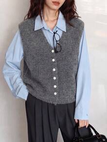 女款秋季休閒極簡復古V領針織開襟背心 - 灰色 - 查看 3