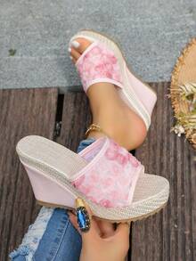 Women's Summer New Slip-On Wedge Platform Sandals, Thick Sole Mesh Floral Fabric, Lightweight Non-Slip High Heel Slouchy Slides - Pink - View 1