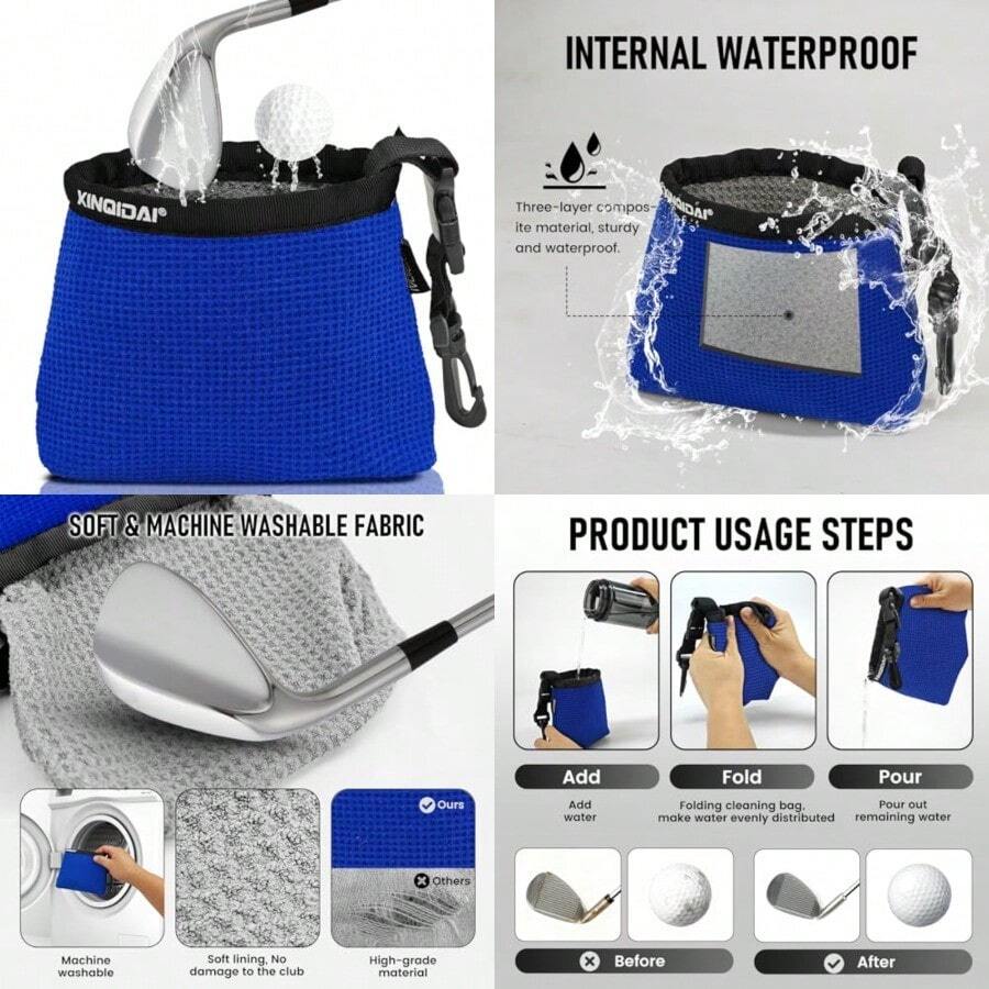 Golf Club And Golf Ball Cleaning Bag - Cleans Club Grooves, Waterproof Clean Face Tech, Detachable Clip, Machine Washable, Stay-Dry Exterior, Golfer Gifts For Men 1 - Blue - View 1