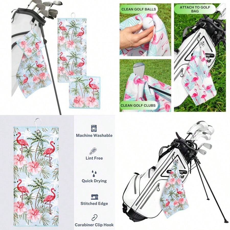 Microfiber Towels For Bags And S - Premium Weave Waffle And Ball Towels With Carabiner Clip, Essential Accessories For Men, Women, And,Golfer Gifts, Set Of 2 - Flamingo Paradise - View 1