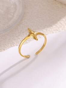 1Pc Smooth Cross Star Open Rings, 18K Gold Plated Stainless Steel Ring, Minimalist Women Jewelry For Daily Holiday Gift - Multicolor - View 2