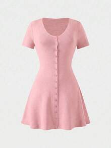 Robe mini en tricot élégante et décontractée avec col en V, convient pour le port quotidien, les sorties et la maison - Rose bonbon - Voir 6