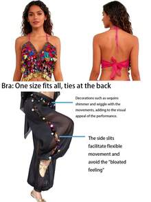 Professional Belly Dance Beaded Coin Fringe Halter Crop Top, Elastic Waist Dot Mesh Harem Pants For Dance Training, Cabaret Shows And Competitions - Multicolor - View 10