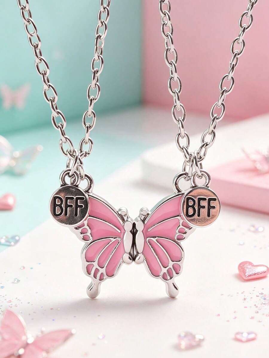 Back To School 2pcs Butterfly Magnetic Pendant Necklace For Girls, Cute Cartoon Colorful Butterfly BFF Necklace, Adjustable Geometric Jewelry Gift, Couple Necklace Accessories - one-size - View 1