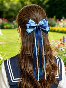 1pc Girls Simple Bow Ribbon Hair Clip, Multi-Layer Ribbon Bow Half-Up Ponytail Hair Clip, Suitable For Daily Wear, Back To School, Matching Outfits - Navy Blue - View 2