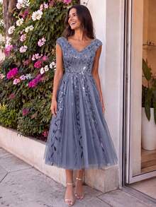 EVERPRETTY Luxury Summer Evening Gown, Light Blue Floral Sequin Sleeveless V-Neck Mid-Length Shimmering Formal Cocktail Party Dress - Dusty Blue - View 6