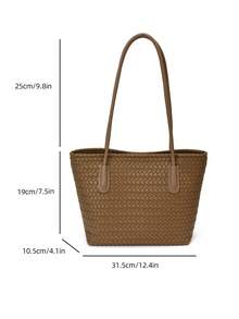 High-End Faux Leather Woven Texture Zipper Tote Bag, Large Capacity Commuter Handbag, Minimalist Versatile 2 Pieces Set Women's Bag - Grey - View 9