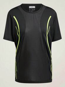Adidas Women's Comfortable Running Sports Crew Neck Short Sleeve T-Shirt Spring Summer IZ0169 - Black/Semi-fluorescent Green - View 1