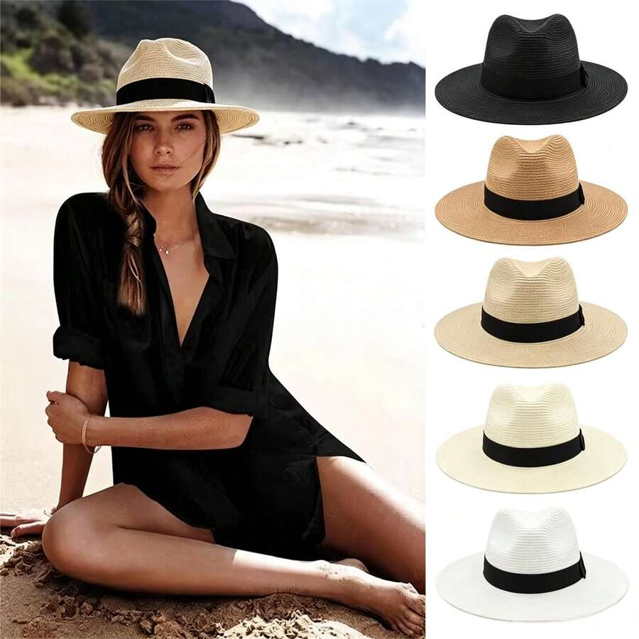 Unisex Wide Brim Panama Straw Hat, Foldable Lightweight Beach Sun Hat, Black Ribbon Decor, UV Protection, Suitable For T - Multicolor - View 1