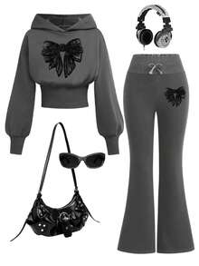 Youth Girl Bow Pattern Warm Hooded Sweatshirt And Flared Casual Pants - Dark Grey - View 1