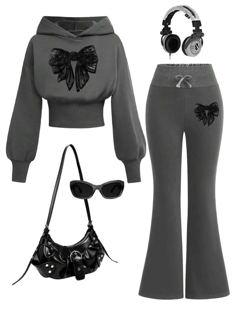 Youth Girl Bow Pattern Warm Hooded Sweatshirt And Flared Casual Pants - Dark Grey - View 1