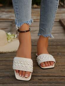 Elegant White Pearl Crystal Summer Outdoor Flat Slide Sandals - Beige - View 5