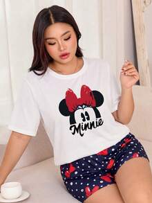 Disney 2pcs Plus Size Women's Pink Pajama Set, Mickey Minnie Mouse Print Top And Shorts, Casual Loungewear - Multicolor - View 4