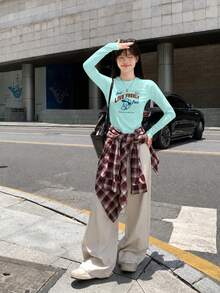 Mint Green Long Sleeve T-Shirt For Women, 2026 New Slim Fit Letter Print Design Short Base Layer Top Casual - Mint Green - View 2