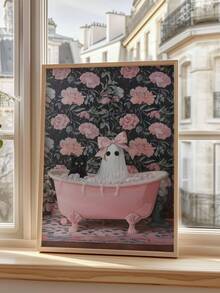 1pc, Canvas Wall Art With Frame, Wall Decor Printed With Neon Slogan "Live Well, Laugh Loud, Bubble Bath Time", Featuring Cute Pink Bow Ghost, Black Cat And Vintage Bathtub Pattern, Sweet Cool Gothic Halloween Atmosphere Wall Poster; Suitable For Modern Home Decor, Room Decor, Dorm Decor, Bedroom Decor, Living Room Decor, Bathroom Decor - Bathroom Ghost - View 2