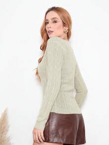 Women's Basic V-Neck Knitted Sweater With Braided Detail For Cold Weather, Winter Fashion. - 沙 - 查看 6