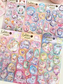 Kawaii Cartoon Liquid Shaker 3D Stickers Cute Panda Cat Glitter Sequins Puffy Stickers For Journal Scrapbook DIY Kids Decorative Stationery Stickers - Color - View 2