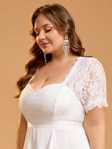 Plus Size Women Solid Color Mature Party Elegant Romantic Chiffon Lace Collar Bridal Gift Party Dress Wedding White Fall - White - View 9