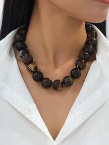 Mydear 1pc Vintage Geometric Resin Beaded Necklace, Brown Tone, Suitable For Women's Daily And Party Wear - Coffee Brown Beaded Necklace - View 1