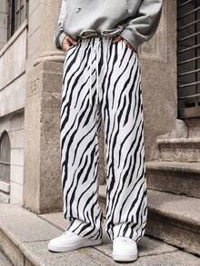 Men's Elastic Waist Zebra Print Casual Pants, Loose Lazy Wide Leg Long Trousers For Spring, Autumn And Summer - Black - View 2