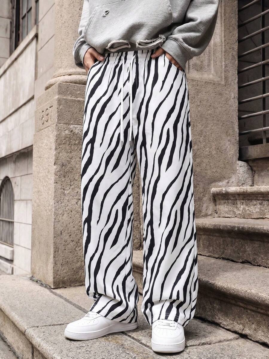 Men's Elastic Waist Zebra Print Casual Pants, Loose Lazy Wide Leg Long Trousers For Spring, Autumn And Summer - Black - View 1
