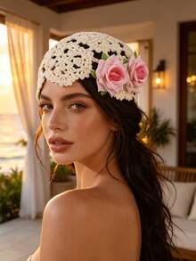 1 pieza Gorro turbante boho de ganchillo floral con tejido calado, gorro para el cabello con rosa roja, rosa rosa y lirio blanco, accesorios para el cabello para mujer, envoltura para la cabeza para vacaciones en la playa - Multicolor - Ver 1