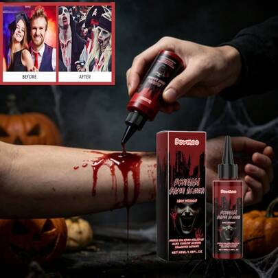 DOWMOO European Best-Selling 50ml Halloween Blood Dropper, Precise Dropper Controlled Blood Dropper, Realistic Viscous Blood Effect, Fake Bleeding Mouth, Wound Seepage Effect, Waterproof, Smudge-Proof, Long-Lasting Color, Easily Create Realistic Vampire, Zombie, Battle-Damaged Makeup, Halloween Blood Dropper For Face, Body, Clothing, Decor, DIY Horror Costume Props