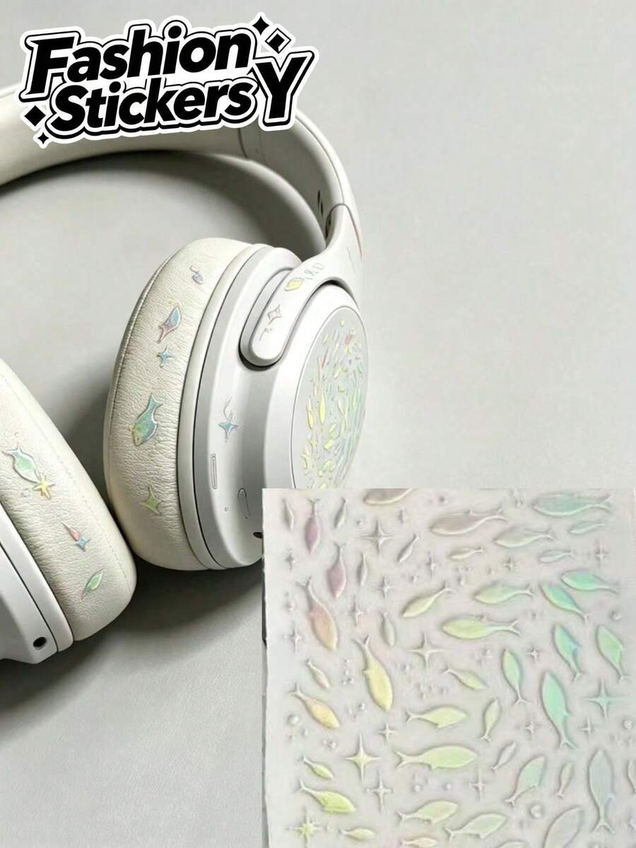 1pc Holographic Laser Fish Decorative Sticker, Self-Adhesive Material, Gradient Fish School With Sparkling Bubble Elements, Clear Ocean Style. Suitable For Collage, Phone Case Decoration, Water Bottle Sticker, Notebook Embellishment, Compatible With Various Handmade DIY Creations, Creating A Dreamy Shimmering Visual Effect. - Iridescent Laser Fish - View 1