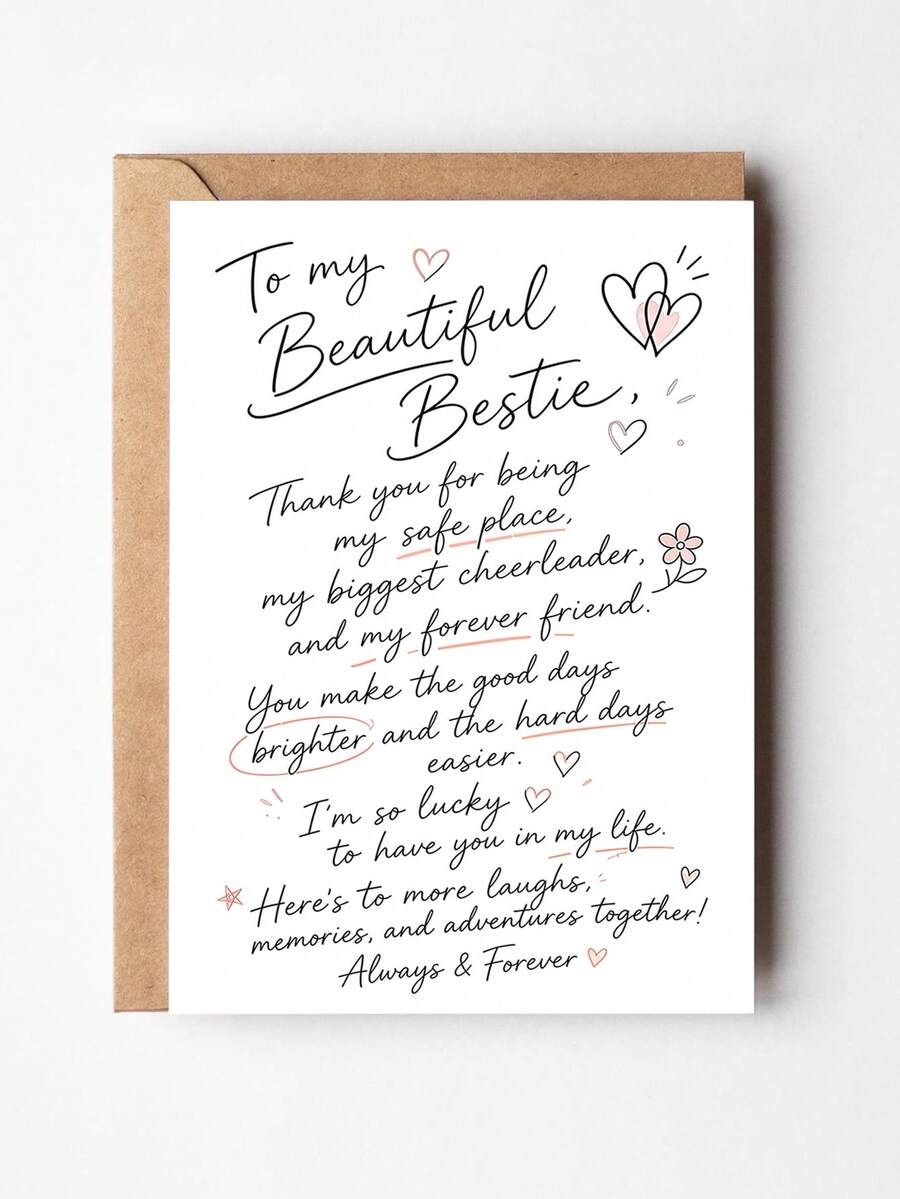 1pc Greeting Card And 1pc Envelope, Card For Best Friend, Expressing Gratitude For Best Friend, Birthday Or Thanksgiving Gift, Flat Note Card, Commemorative Card For Female Friends - Multicolor - View 1